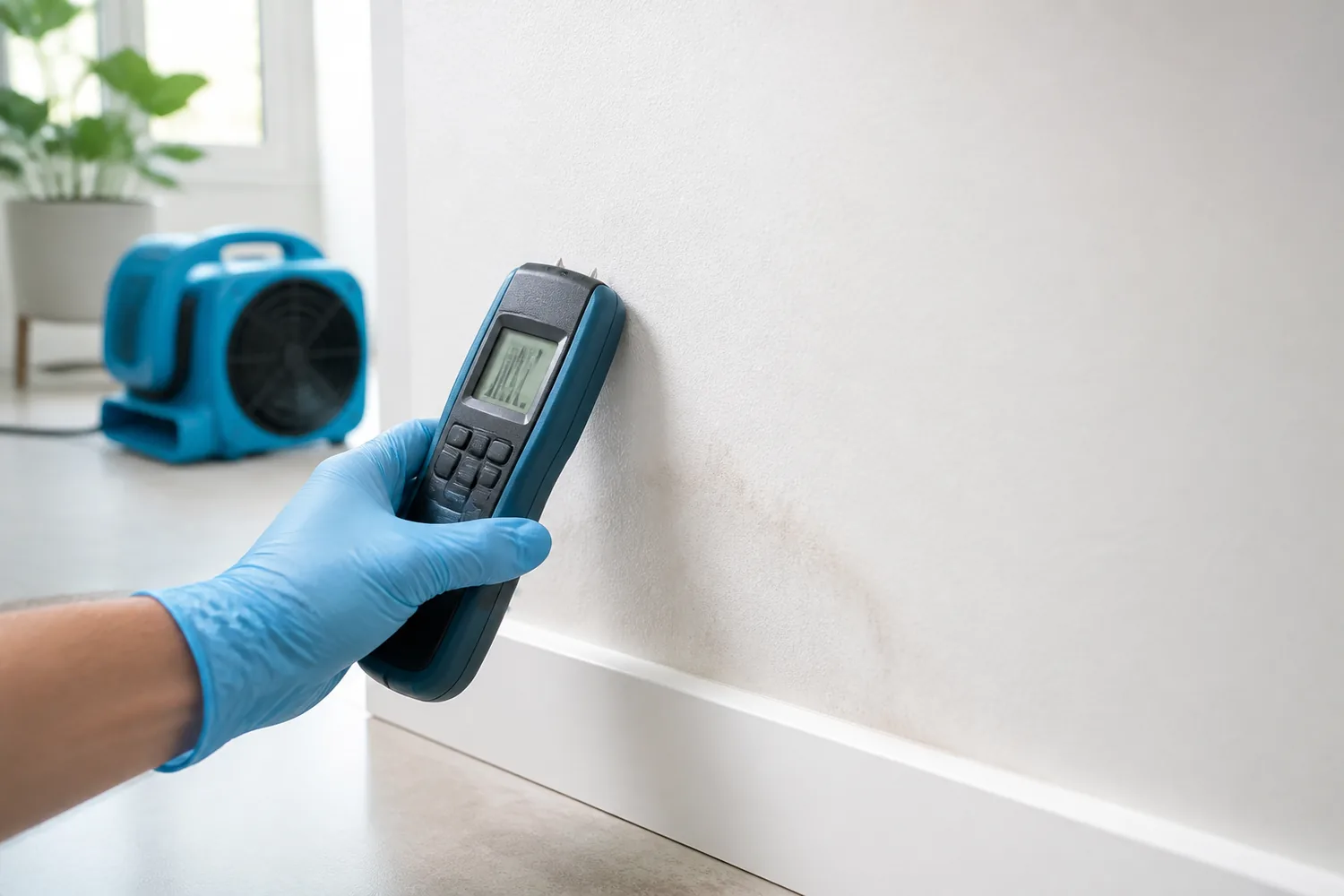 Technician checking a wall with a moisture meter