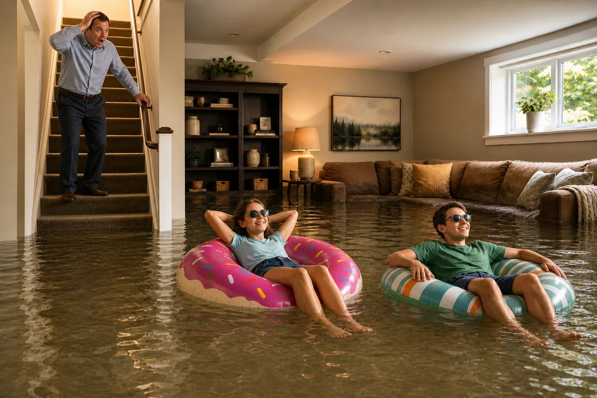 Mortified father standing safely on the stairs above floodwater while his children relax on pool floats in a flooded basement